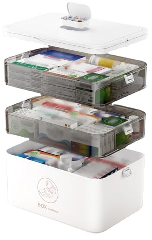 PORFOYO Scatola per medicinali a 3 ripiani, grande scatola per medicinali, con maniglia per la conservazione dei medicinali, organizer bianco, cassetta di pronto soccorso, valigetta per medicinali