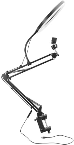 TIKATARER Ringljus, Ringljus för Skrivbord med Klämtelefonhållare Stabilisator Selfie Ring Ljus 3 Färg Temperatur Infällbar Arm Overhead Ring Ljus för Videoinspelning, Zoom