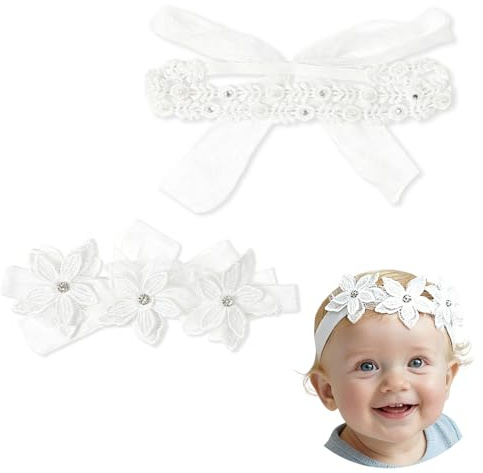 KLINNA Lot de 2 bandeaux pour bébé fille, élégants blancs, avec double dentelle et fleur, en nylon, extensibles et doux, pour nouveau-né, accessoires pour baptême et photos