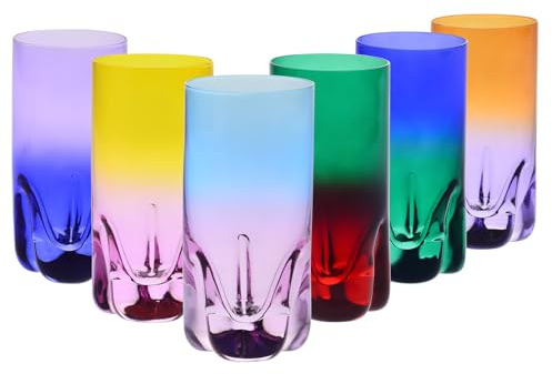 Krosno – Vasos para Bebidas, Agua y Zumos 300 ml – Set de 6 unidades en 6 colores únicos – Colección Aurora – Cristal sin Plomo – Pintados a Mano