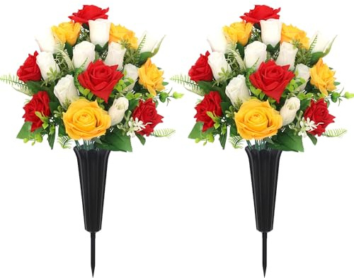 QSBOFOST Grave Decorations for Cemetery Artificial Memorial Roses Flowers Bouquets with Vases for Outdoor Grave Decorations Long-Lasting (Red Yellow)