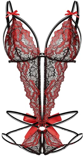 EVELIFE Women Lace Lingerie Sexy Strap Bodysuit Deep V Pajamas Bow Babydoll Bodysuit Valentine's Day (Black+Red, S)