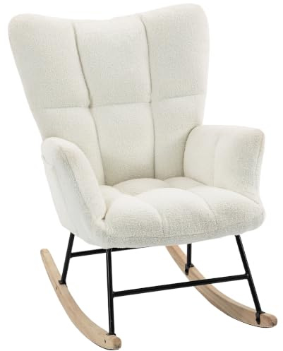 HOMCOM Rocking Chair with Side Pockets, Wingback Rocker Chair, Cream White