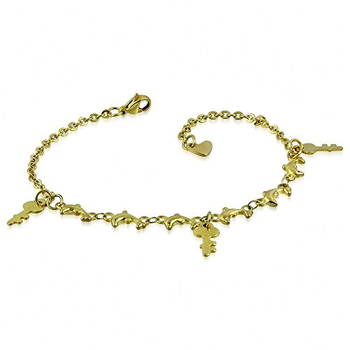 Bungsa Schlüssel Fusskette gold Edelstahl (Karabinerverschluss Bettelkette Armband Damenarmband Herrenarmband Bracelet Fusskette Anklet Chirurgenstahl Schmuck Edelstahlarmband)