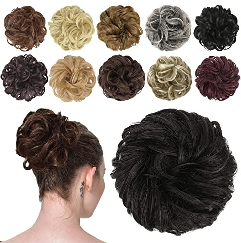 FESHFEN Messy Bun Hair Piece - Wavy Synthetic Chignon Scrunchies for Instant Volume, Elastic Bun Ponytail Hair Extensions Thick Hairpieces for Women, Black Brown 1.50 oz
