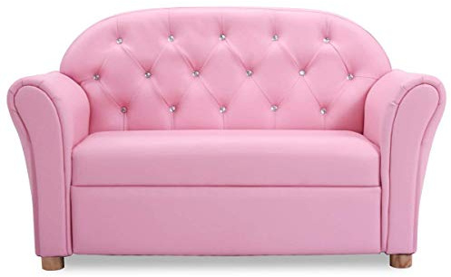 Costzon Kids Couch, 2 in 1 Princess Double Seat Children's Sofa w/PU Leather Surface, Toddler Armrest Chair for Bedroom, Play Room, Soft Pink Sofa for Kids Preschool Loveseat Baby Girls Gifts