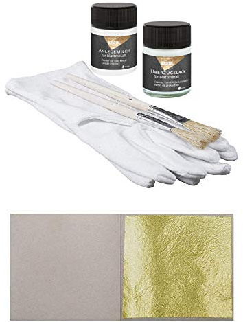 Startsats 100 ark äkta bladguld 23 karat 3,8 cm x 3,8 cm + 1 x planteringsfilt 50 ml + 1 x överdragsslack 50 ml + 1 par handskar + 2 st. pensel