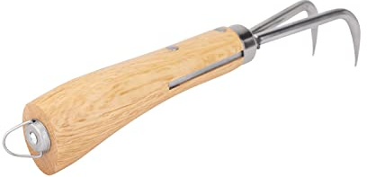 Nisaku NJP956 Nekaki Nihondume Handheld Double Claw Cultivator, Japanese Stainless Steel Tine Length 1.5-Inch, 5.5-Inch Polished Wood Handle