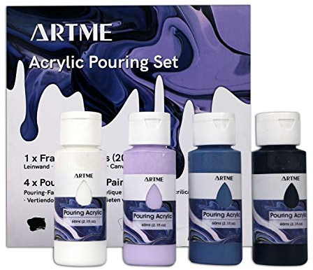 Artme Acryl-Gießfarben-Set - Enthält 4 x Acryl (60 ml) mit hohem Durchfluss, 1 x Leinwand (20 x 20 cm) - Anfänger-Kit, Boost-Up-Lieferant, Hobby, Starter, Künstler, Geschenk