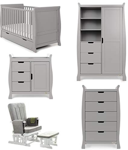 Obaby Stamford Sleigh Cot Bed 5 Piece Nursery Set - Warm Grey. Includes Cot Bed, Closed Changing Unit, Tall Chest, Double Wardrobe & Deluxe Glider Chair