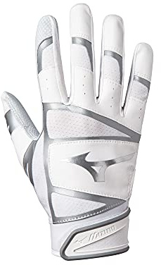 Mizuno B-303 Adult Baseball Batting Glove, White-Silver, Medium