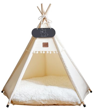 Whiwhi Tipi Zelt für Haustiere Hundezelt Katzenzelt mit Kissen Waschbar Haustierzelte Häuser Hundehöhle und Haustierhäuser Wegklappen Haustier Zelt Möbel 60x60x70cm