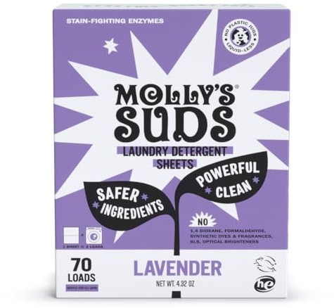 Molly's Suds Laundry Detergent Sheets | Gentle on Sensitive Skin, Powerful Herbal Enzymes, Stain Resistant, Liquid Free & Plastic Free Packaging | 70 Loads (Lavender)