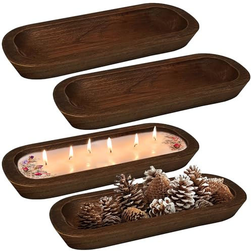 Royxen 4 Pack Dough Bowl for Candle 14.5 x 5.5 Inch, Wooden Dough Bowls Paulownia, Rustic Bowl Vintage, Dough Bowl Decor for Candle, Brown