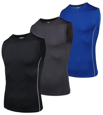 AMZSPORT Men's 3 Pack Compression Tank Top Sleeveless Functional Shirts Baselayer Undershirt Black Grey Blue M
