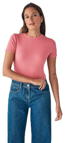 THE SET Femme T-Shirt côtelé à Manches Courtes, Lot de 4 Noir/Rose Pink/Crème/Gris Clair XL