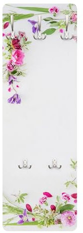 Wandgarderobe inkl. 5 Haken Blumen Floral platzsparendes Design - Made in Germany - Motiv Landhaus Flurgarderobe weiss schmal Garderobenpaneel 2219