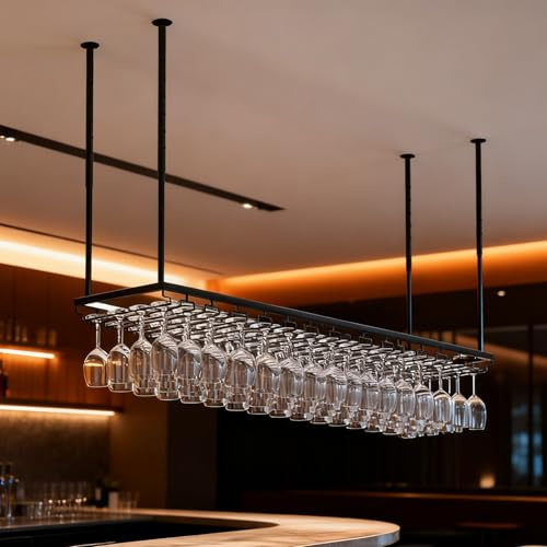120CM Soporte para Copa de Vino Colgante de Metal, de Estilo Industrial y altura Ajustable, para Montar en el Techo Colgando Estante del Vidrio de Vino Bar Escritorio Bar Club (Negro,120*40CM)