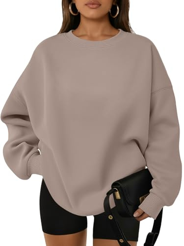 WYNNQUE Oversized Sweatshirts For Women Crewneck Fleece Pullover Comfy Hoodies Fall Outfits Fashion 2026 Winter Clothes Trendy Sweaters Ladies Plain Tops Cute Basics Clothing CoffeeGrey S