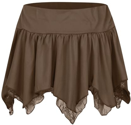 Minifalda irregular de talle bajo con doble encaje 2025, marrón, XS