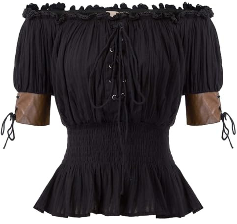Générique Chemiser Femme Retro Vintage Renaissance Médiéval Gothique Manche Court Col Bateau Blouse Epaule Nue Bustier Sexy Steampunk à Volants, Haut Viking Costume de Pirate, Bohème