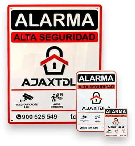Lote 3 Carteles alarma AJAXTDLA. Auténtico Lacado | Relieve | Cartel Zona Videovigilada - Carteles Disuasorios - Interior Y Exterior - Placa alarmas videovigilancia | 2 ADHESIVOS.