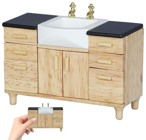 Juego de baño para casa de muñecas, Escala Realista 1/12, Muebles de casa de muñecas de Madera, baño, Cocina, Lavabo, Accesorios para Fregadero - Cocina