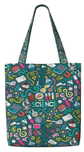 DEXNEL Bolsa de lona mediana con temática de ciencia de dibujos animados, bolsa de compras reutilizable con sistema de cierre a presión, bolsas de comestibles reutilizables
