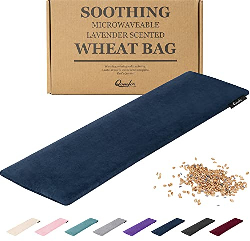 Qomfor - Bolsa de semillas calentable en microondas - Azul oscuro - Bolsa de trigo para microondas con aroma a lavanda/Almohada calentadora - Bolsa calentadora para cuello y hombros