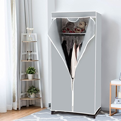 Multigot Fabric Wardrobe, Portable Single Clothing Closet with Hanging Rail and Zippers, Foldable Clothes Storage Organizer for Clothes, Bags and Toys (Grey)