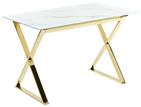 Beliani Tavolo da pranzo in vetro temperato bianco oro 120 x 70 cm gambe in metallo