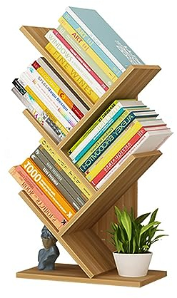 HSJKWPT Bücherregal in Baumform, Bücherregal mit 4 Ebenen Standregal in Baumform Bodenstehendes Bücherregal 31 * 17 * 59CM CD DVD Regal für Wohnzimmer Schlafzimmer Büro (helles Walnussholz)