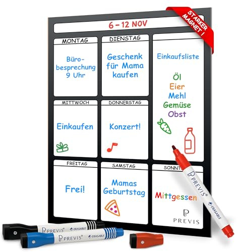 Previs Planificador Semanal Magnetico para Nevera y Escritorio A3 - Pizarra Magnetica Nevera - Calendario Magnetico con Lista Compra Nevera - Planificador Menú.