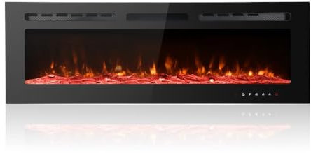 M.C.Haus Ultradünner Elektrischer Kamin, geräuscharm, 12 Verschiedene Flammen, versenkte Wandmontage, Glas-Touchscreen und Fernbedienung, mit Kristall und Holzscheit(127cm/50inch, Schwarz)
