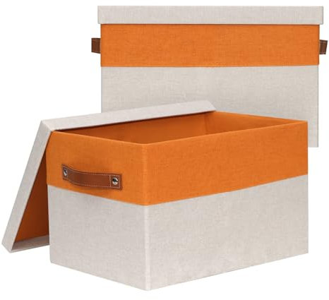 BinWhiz Pack of 2 Large Storage Boxes with Lids, Foldable Storage Boxes for Shelves, Fabric Storage Boxes With Leather Handle, Decorative Storage Box for Clothes, Books, 38x28x24 cm (Orange & Beige)