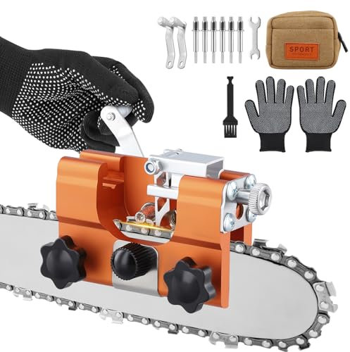 Chainsaw Sharpener Kit, Universal Chain Saw Sharpening Tool Set with 6Pcs Sharpening Stones, Brush, Gloves & Waist Bag, Upgraded Hand Crank Chain Sharpening Jig Kits Suitable for 8-22 inch Chainsaws