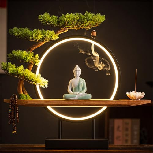 Grande Statua Buddista Con Albero Artificiale E Tavolo Cerchio LED, Buddha Figura Lampada Da Parete Luce Murale 3D Lampada Sconce Luce Zen Appendere Opere D'arte Da Parete Per Il Soggiorno Incenso,04