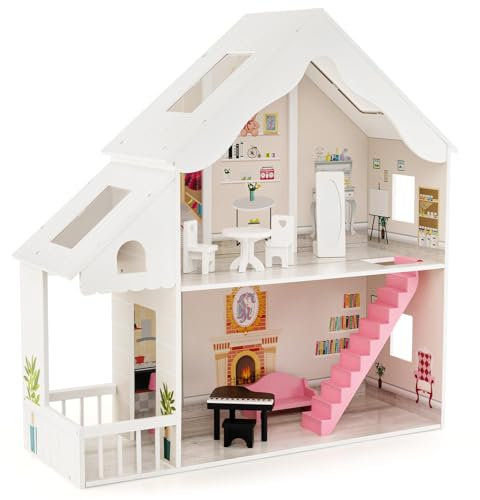 FANTASK Casa de muñecas de Madera de 2 Pisos con Accesorios y Muebles, Juguete para muñecas de 28 a 36 cm, para niños a Partir de 3 años