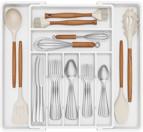 Lifewit Range-couverts extensible pour tiroirs de 42,4 cm de profondeur - Organisateur de couverts - Insert de tiroir de cuisine de 33 à 57 cm de large - Porte-couverts en plastique pour