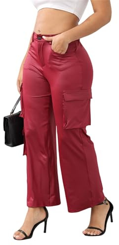 CALEBGAR Women's Faux Leather Pants Stretchy High Waisted Straight Wide Leg Baggy Cargo Pants Trousers with Pockets Red