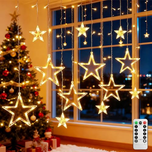 Christmas Star Window Lights, LED Curtain Fairy Lights with 12 Stars, 3.5m 120 LEDs String Lights with 8 Flashing Modes, USB Powered & Remote Control for Christmas Tree/Xmas/Party/Home (Warm White)