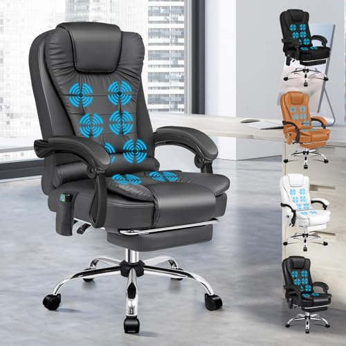 ALFORDSON Ergonomisk kontorsstol med termisk massagefunktion, datorstol i konstläder med vadderade armstöd och mjukt nackstöd, svängbar stol med hjul