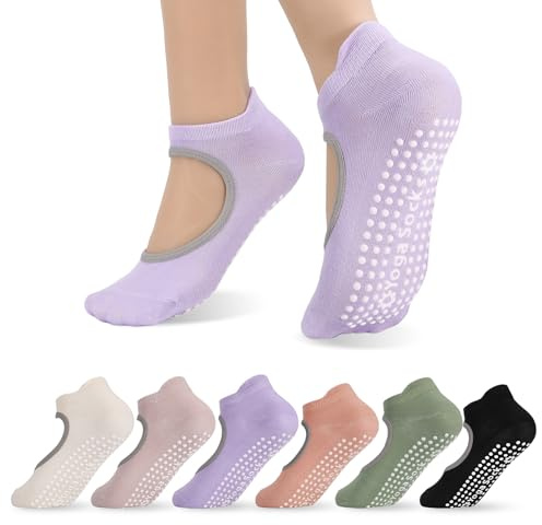 Partideal 6 Pairs Pilates Socks,Yoga Socks for Women Non Slip Grip Sock Reformer Pilates Grippy Breathable Cotton Sock for Women Ladies Barre Fitness Dance Ballet Hospital Home,UK 4-7