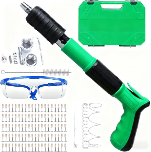 Kit de mini pistola de clavos manual, herramienta de pistola remachadora con silenciador con clavos de 100 piezas, inalámbrica y fácil de limpiar, para varias paredes, madera, techo, ocultador Green