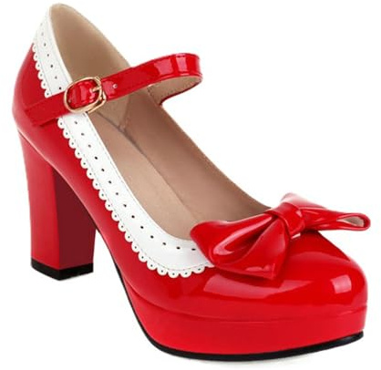 Scarpe Donna Mary Jane Heels Chunky Platform Pumps Cute Strawberry Print Pois Color Block Fiocco Retro Lolita Style Comfort Scarpe Eleganti per Cosplay Festa Daily Wear Casual Fashion