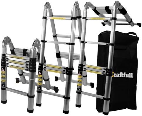 𝐂𝐑𝐀𝐅𝐓𝐅𝐔𝐋𝐋 Teleskopleiter CF-102A | 𝟑 𝐉𝐀𝐇𝐑𝐄 𝐆𝐀𝐑𝐀𝐍𝐓𝐈𝐄 - Trittleiter - Leiter ausziehbar - Klappleiter - Aluminium Stehleiter - Mehrzweckleiter (2 x 1.9 Meter (Total 3.8 m))