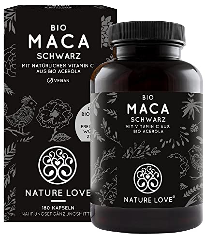 NATURE LOVE® Bio Maca Kapseln (schwarz) - 3000 mg je Tagesdosis - 180 Kapseln - Mit natürlichem Vitamin C - Ohne Magnesiumstearat, Zertifiziert Bio, hochdosiert, vegan, in Deutschland produziert