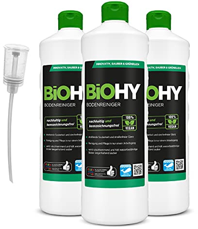 BiOHY Nettoyant sols (3 x 1l Bouteille) + Distributeur | Concentré pour Tous Les équipements de Nettoyage et Tous Les sols durs | Odeur agréable et Nettoyage sans Traces (Bodenreiniger)