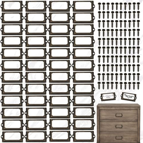Brateuanoii 50 Pièces Porte Etiquettes Cadre, Porte-Étiquettes en Métal, Porte-Étiquettes pour Cartes de Nom de Tiroir, pour Plaques Nominatives, Armoire D'apothicaire, Tiroir D'archivage