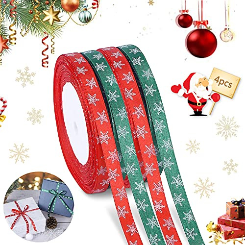 Cinta Navideña de Satén - 4 Rollos 100m Con Copo de Nieve, Roja y Verde - Decoración de Árbol, Embalaje de Regalo